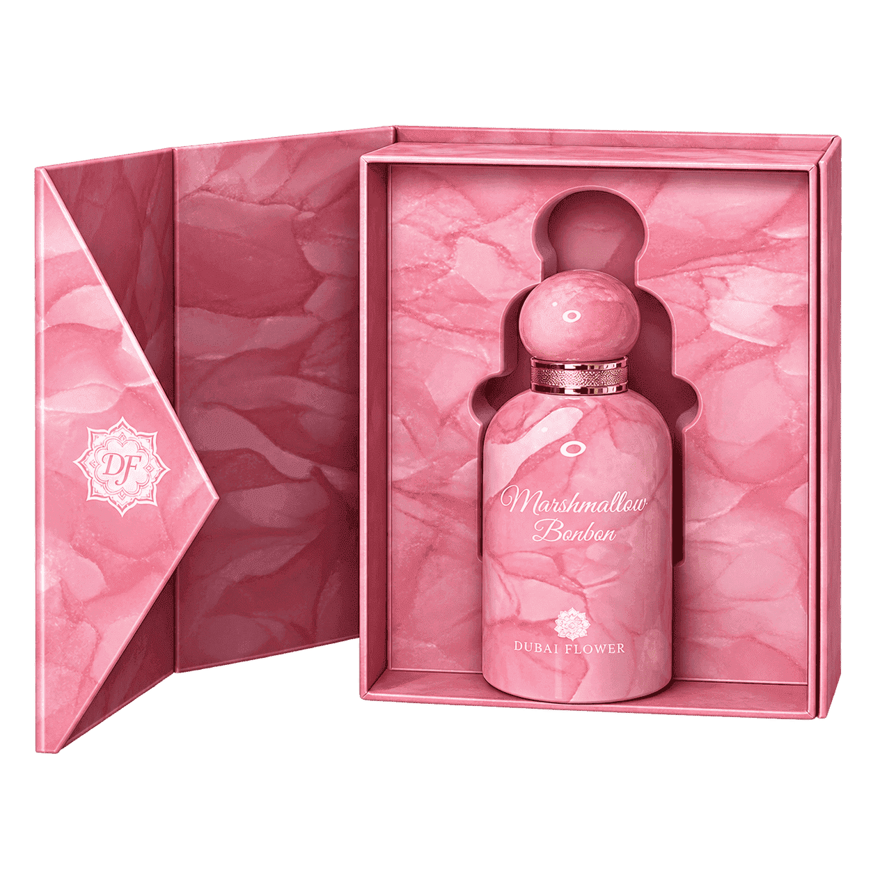 Parfum Marshmallow Bonbon Dubai Flower 100 ml, flacon rose dans son coffret ouvert